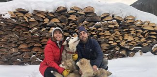 Un couple et un jeune chiot devant une corde de bois.